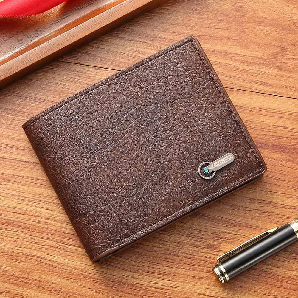 Lychee Texture PU Leather Men's Wallet Short Cash Purse Multi Card Slot Patchwork Card Holder Photo Holder Horizontal Money Clip