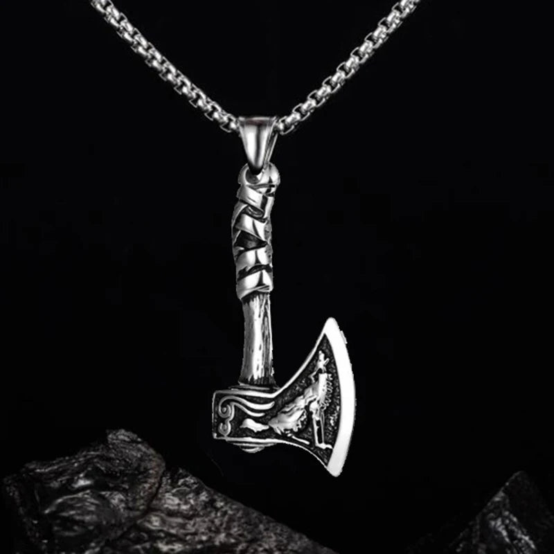Punk Style men's Necklace With Viking Axe Pendant Silver Color Vintage Wolf Pattern Hip Hop Rock Jewelry Neck Accessories Gifts