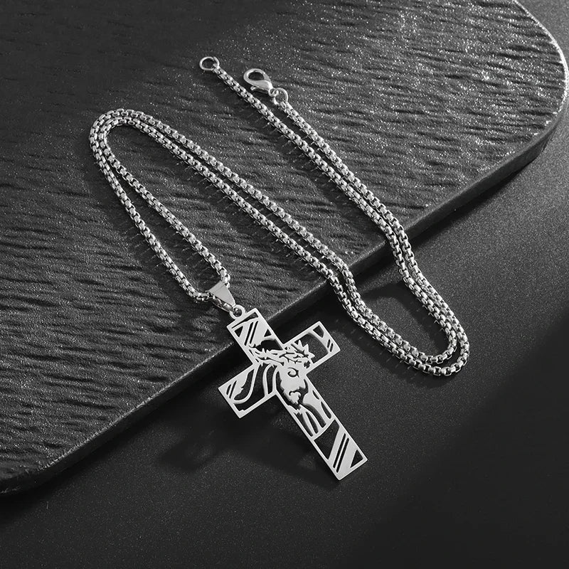Catholic Jesus Cross Stainless Steel Pendant Necklace for Men Women Vintage Christian Prayer Jewelry