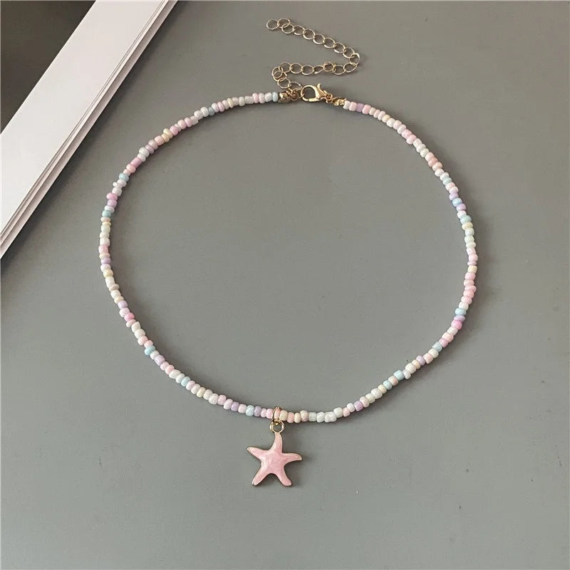 4 Colors Fashion Starfish Choker Necklace for Men Women White Black Blue Colorful Rice Beads Gift for Friend  Short Collar