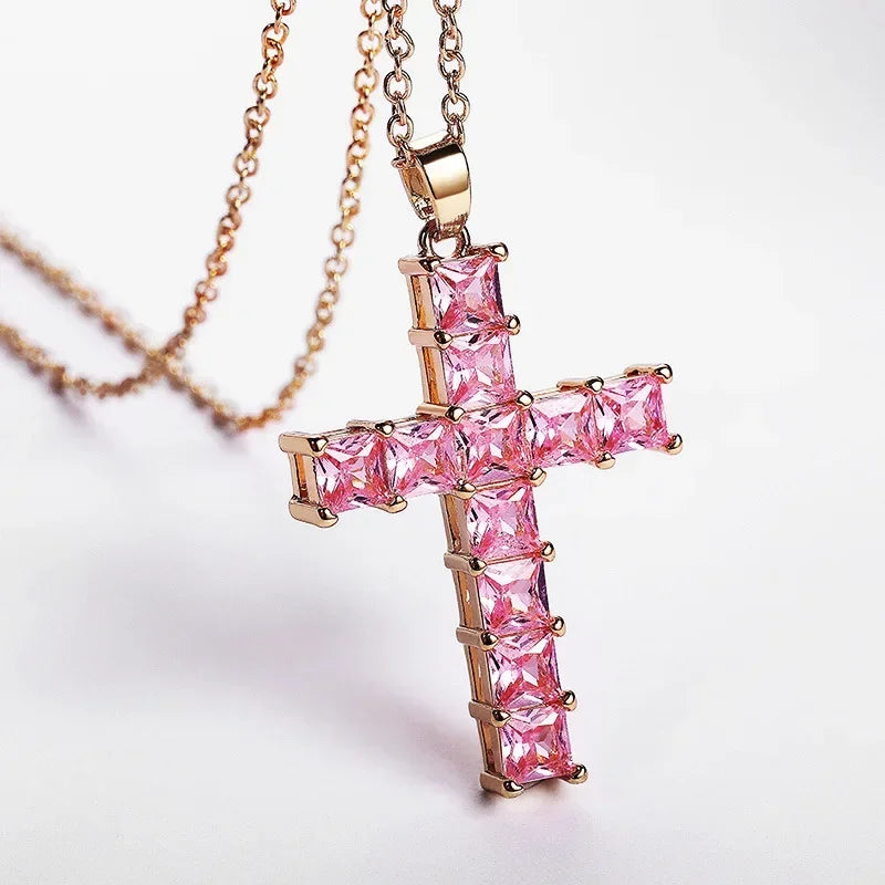 Shiny Ice Crystal Zircon Christian Cross Pendant Men and Women Hip Hop Trend Jewelry Catholic Amulet Necklace