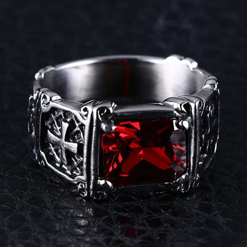 Christian Gothic Red Gemstone Cross Ring Vintage Catholic Prayer Amulet Jewelry for Men