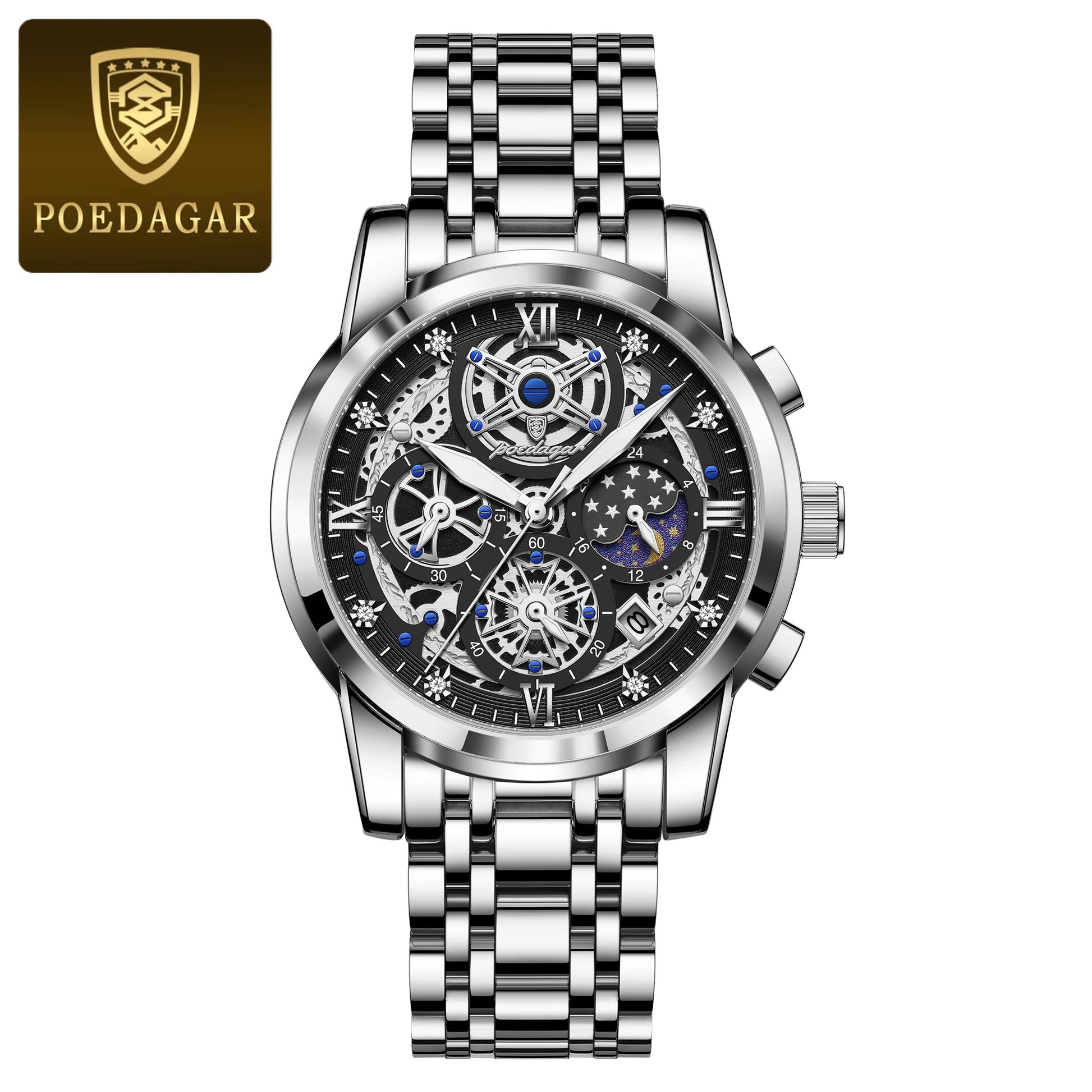 POEDAGAR Luxury Watch For Men Original Waterproof Luminous Date Man Clock Chronograph Stainless Steel Quartz Men's Watches Reloj