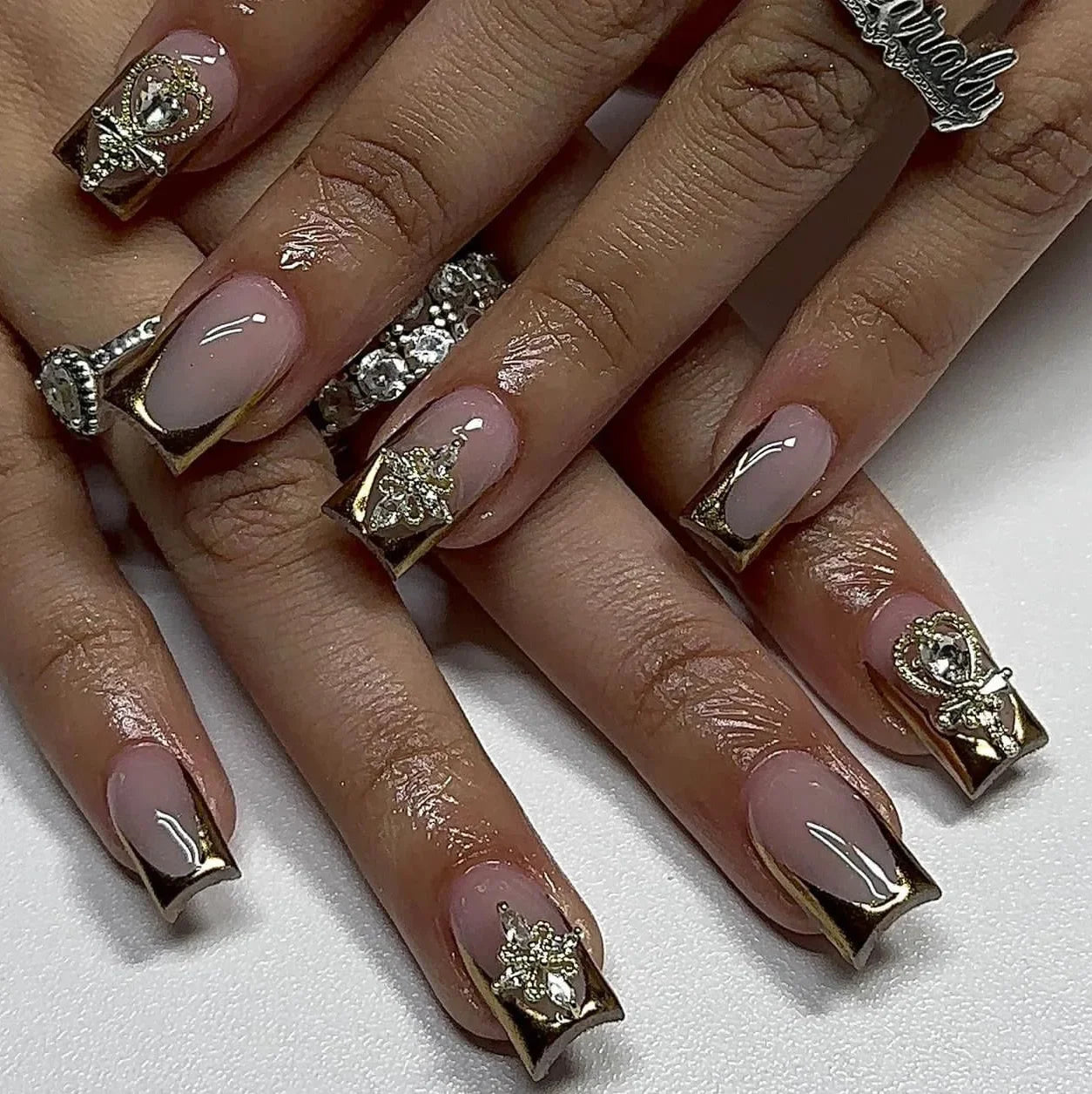24pcs French Fake Nails with Glue Animal Print False Nails Short Square Press on Nails Diamond Cross Nail Press Ons Sweet Cool