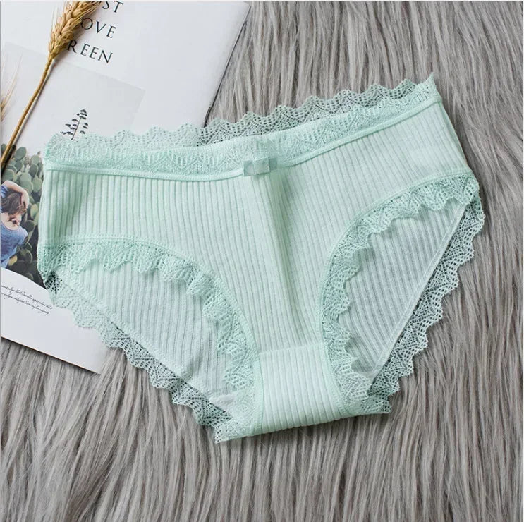 Casual Cotton Panties for Women Lace Mid Waist Underwear Threaded Brief Solid Color Skin Friendly Ladies Underpants Breathable