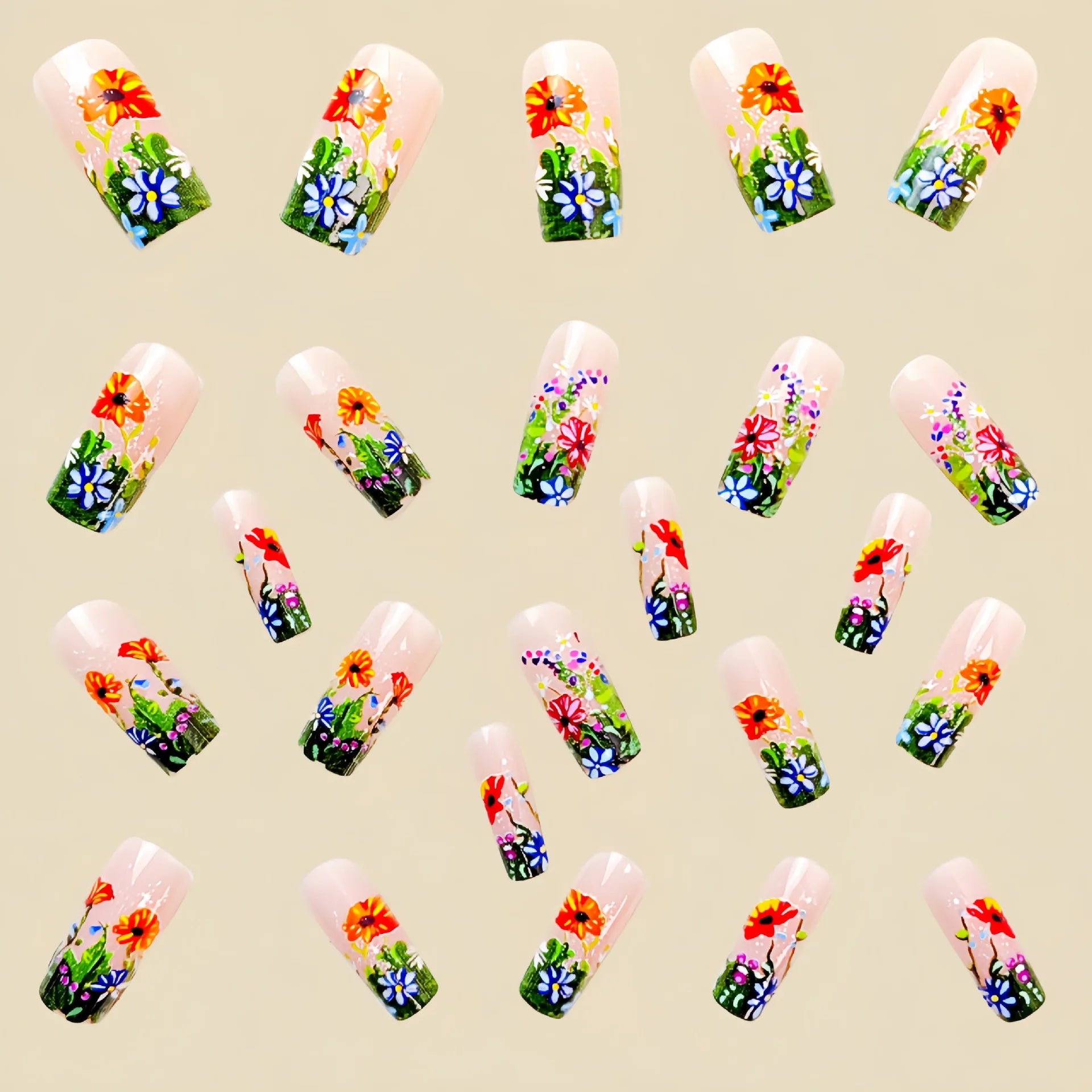 24pcs Mini Flower Press on Nails with Glue Painting Floral Acrylic Fake Nails Spring Design Short Square False Nails for Girls