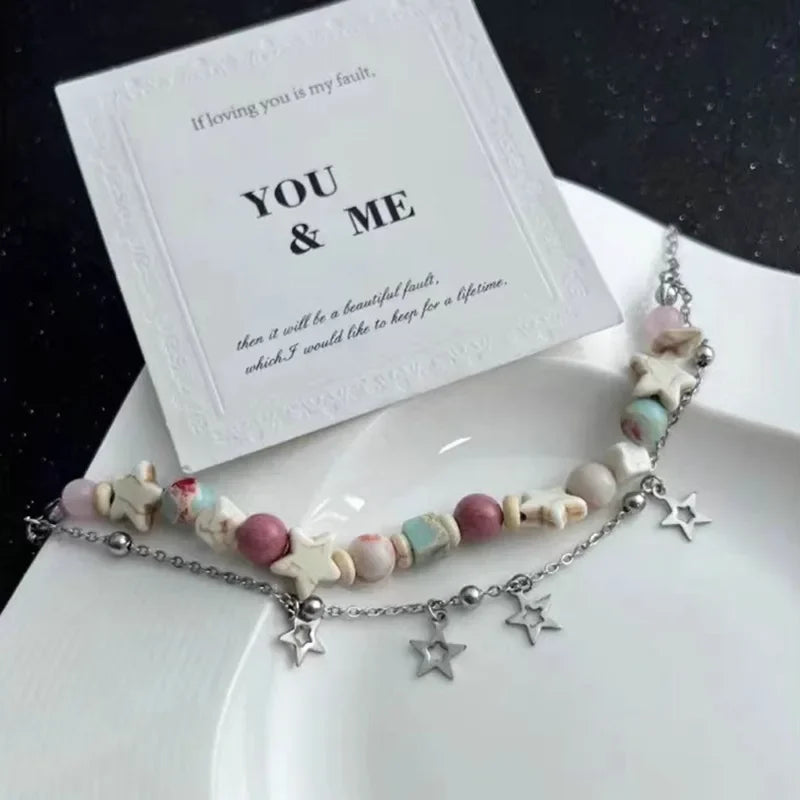 Women Summer Dopamine Sweet Cool Rhinestone Stars Bracelets Cute Cartoon Black Cat Heart Beads Bracelet Fashion Jewelry Gifts