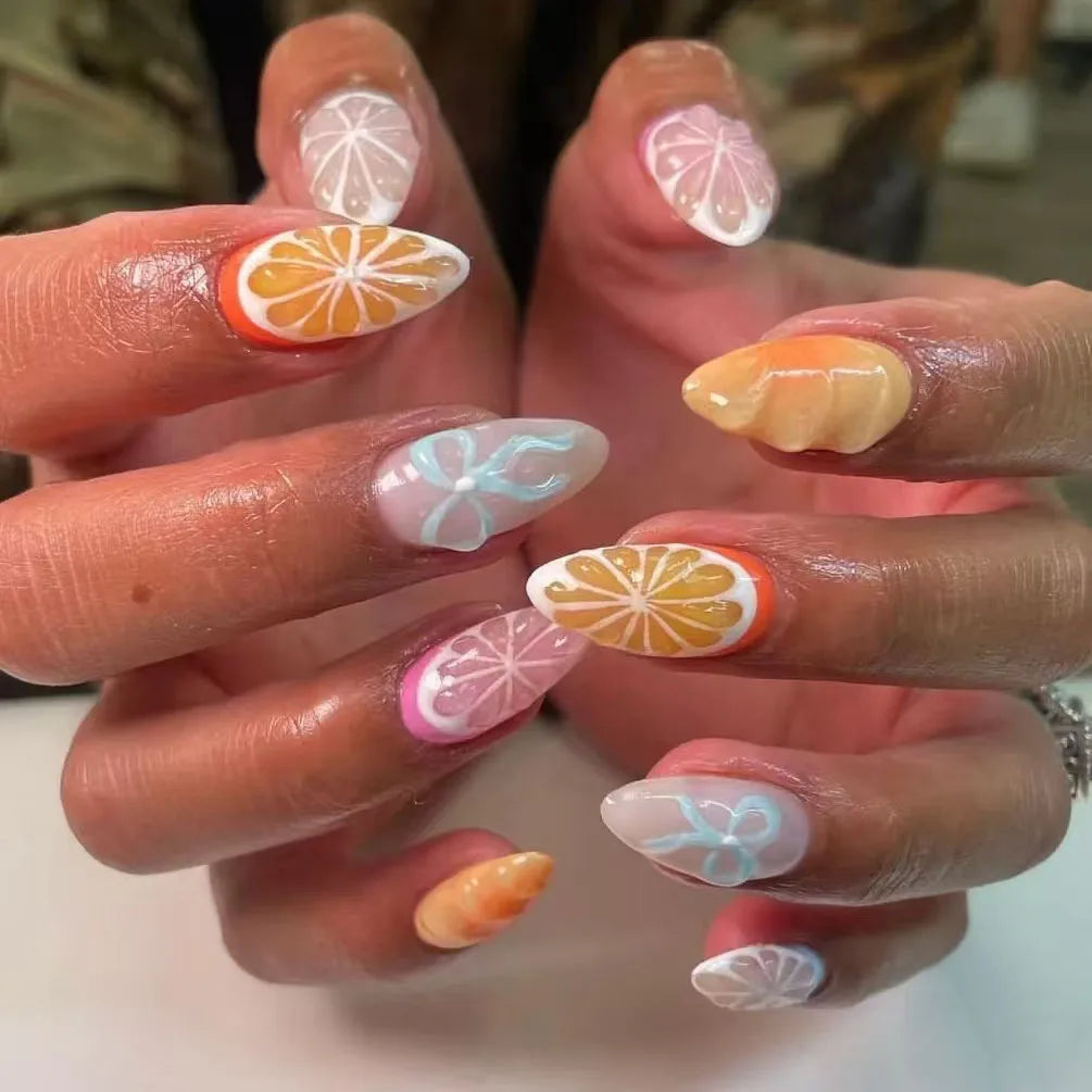 24Pcs Almond Head Press on Nails Fashionable Nail Art Colorful Gradient Flowers False Nails Dreamy Summer Nails Fun Fake Nail