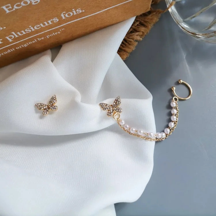 Korean Rhinestone Butterfly Stud Earrings For Women Girls Cute Fashion Metal Cuff Chain Tassel Boucle D'oreille Jewelry