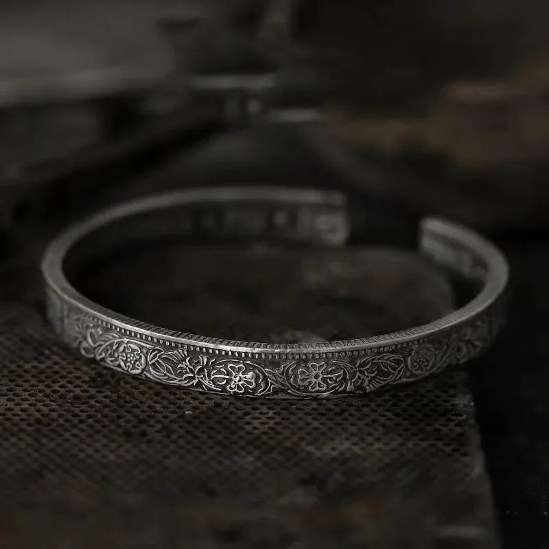 Silver-Plated Lucky Sixpence Pattern Letter Bracelet Men's Cuff Bangles Women's Trendy Charm Jewelry