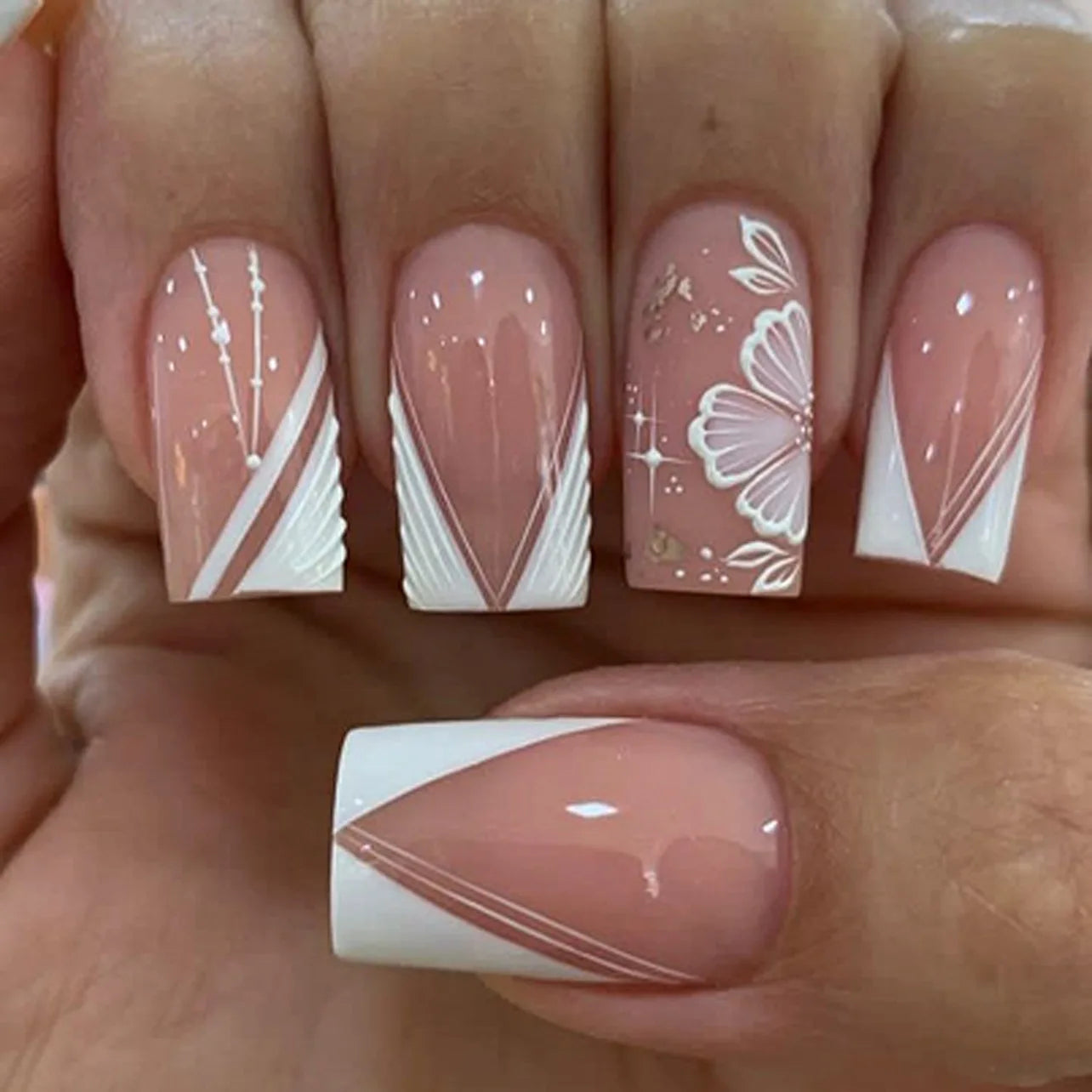 24pcs French Fake Nails Glitter Flower False Nails Short Square Press on Nails White Striped Nail Art for Colorful Spring Summer