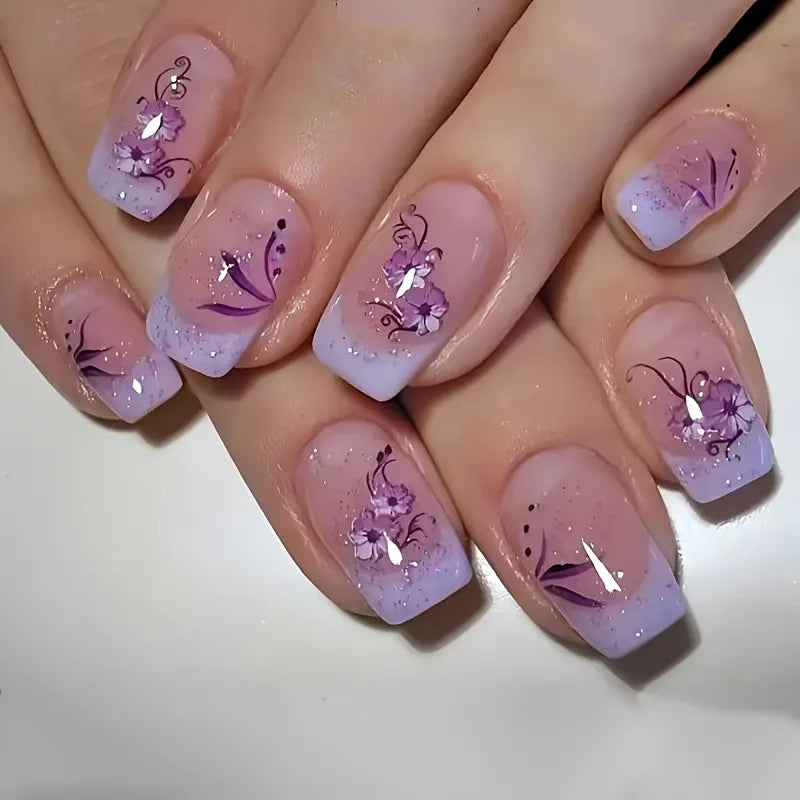 24pcs French Fake Nails Glitter Flower False Nails Short Square Press on Nails White Striped Nail Art for Colorful Spring Summer