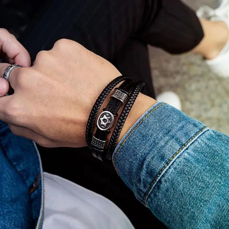 Fashion Star of David Multilayer Leather Braided Bracelet with Magnetic Clasp Men\\\\'s Vintage Judaica Amulet Jewelry