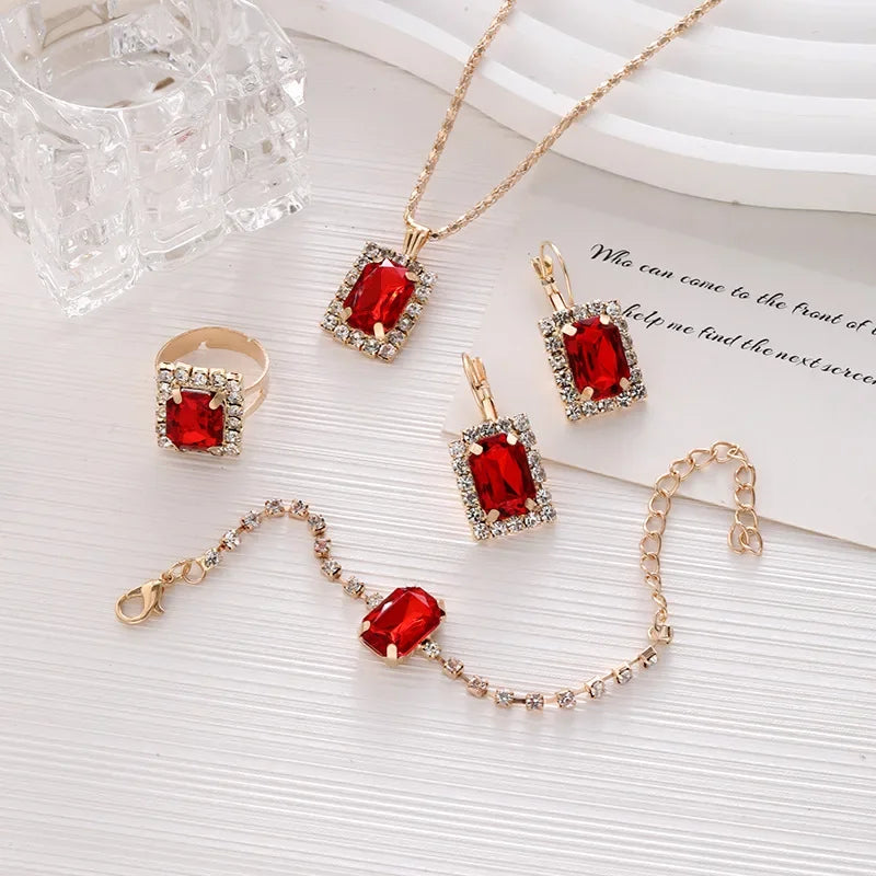 5PCS Zircon Jewelry Set Geometric Square Zircon Necklace Bracelet Ring for Women's Clavicular Chain Fashion  Jewelry Set