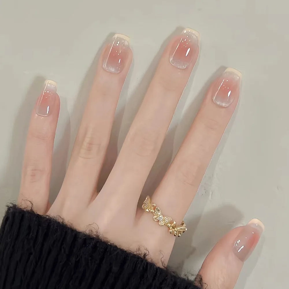 24pcs Suqare Head Press on Nails Cat Eye False Nails with Glue Simple French Nail Full Cover Glossry Nude Artificial Fake Nails