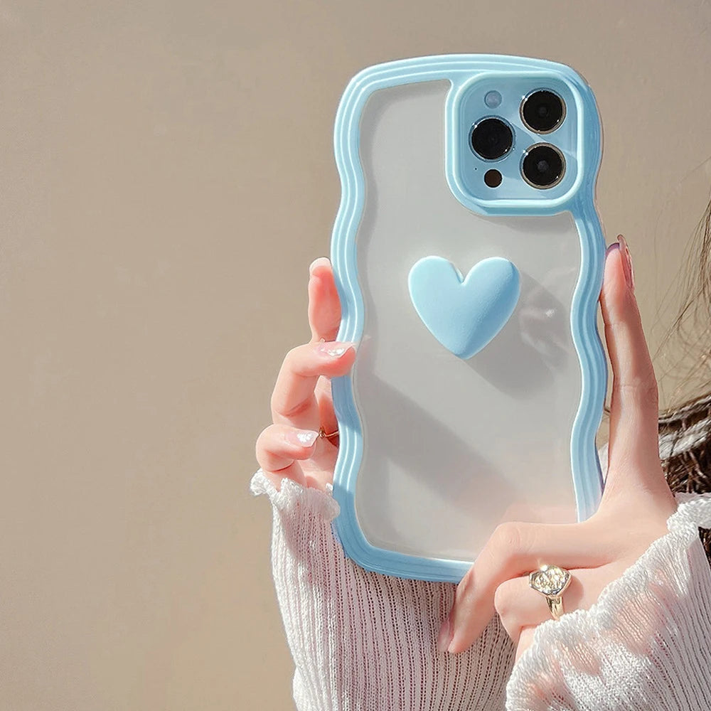Wave Frame Cover For iPhone 15 11 14 12 13 Pro Max X XR XS Max 7 8 14 15 Plus SE 2020 2022 3D Love Heart Transparent Case Ccover