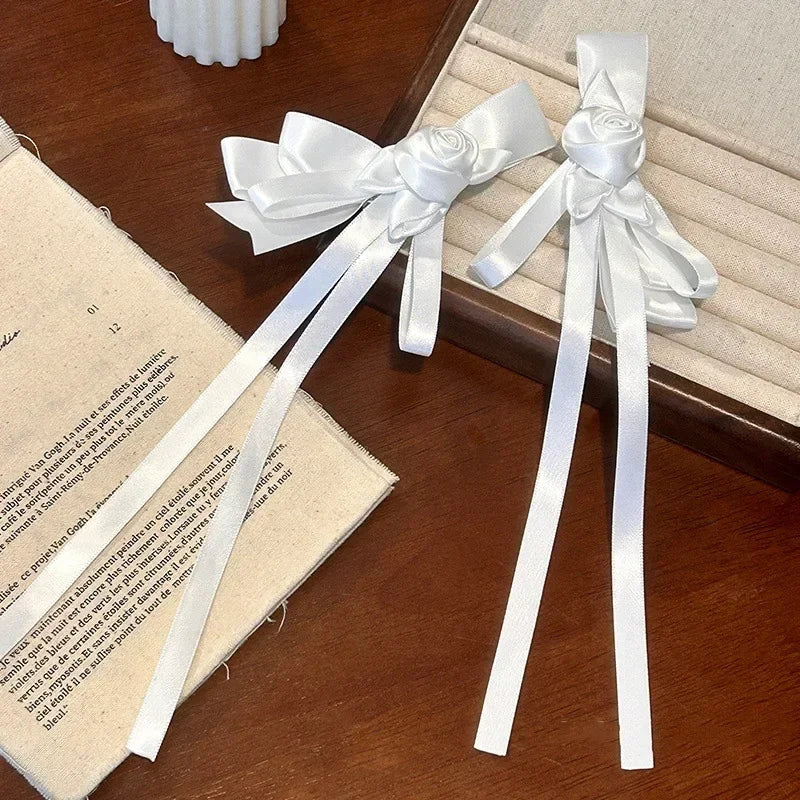 White Bow Ribbon Hair Clips Women Girls Elegant Flower Bowknot Satin Hairpins Ponytail Clip Wedding Party Barrette Accessories