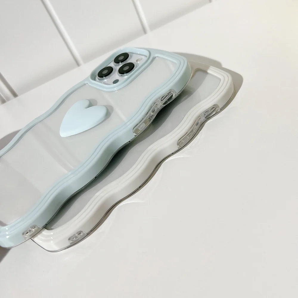 Wave Frame Cover For iPhone 15 11 14 12 13 Pro Max X XR XS Max 7 8 14 15 Plus SE 2020 2022 3D Love Heart Transparent Case Ccover
