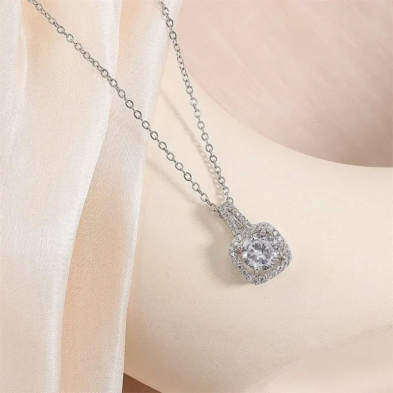 Stainless Steel Chain Classic Shiny Zircon Square Pendant Necklace for Women Lady Vintage Jewelry Accessories Gifts