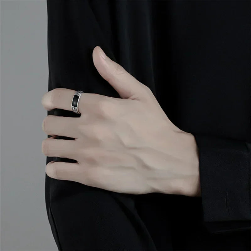 Trendy Vintage 925 Silver Ring for Men Jewelry Black Rectangle Retro Dragon Pattern Ring Male Rings Adjustable