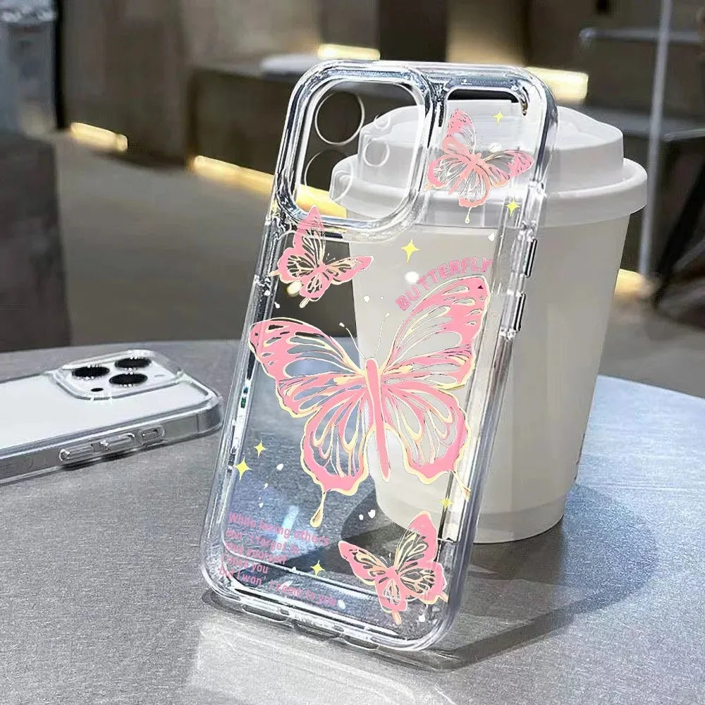 Card Slot Pocket Case For iPhone 11 12 15 14 16 Pro Max 16E XR XS X 7 8 Plus SE 2020 Gold Butterfly Print TPU Shockproof Cover