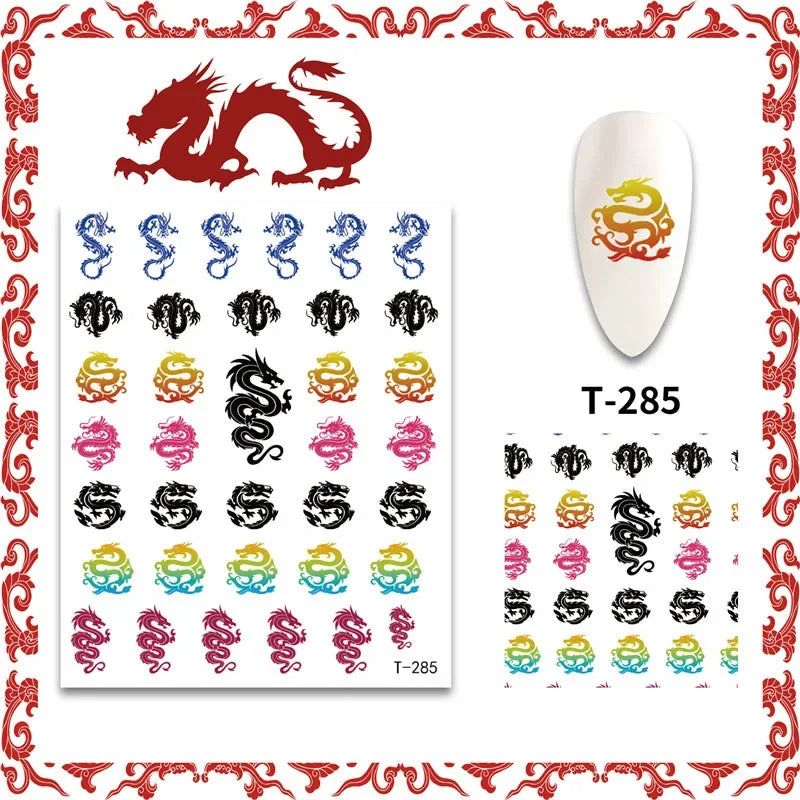 3D Chinese Red Black Dragon Manicure Decor Stickers Snake Nail Sticker DIY Self Adhesive Nail Decals Acrylic Nail Art Decoration