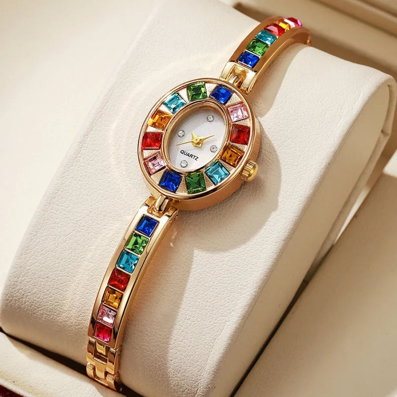 Dropshipping Women Quartz Watches New Fashion Rainbow Rhinestone Strap Oval Dial Bracelet Watch Wholesale Wristwatches Reloj