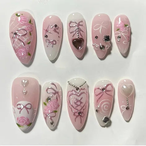 24Pcs Sweet Almond Nails Set Press On Nails Cute Mini Flower False Nail Floral Bow Diamond Full Cover Artificial Nails Art Tips