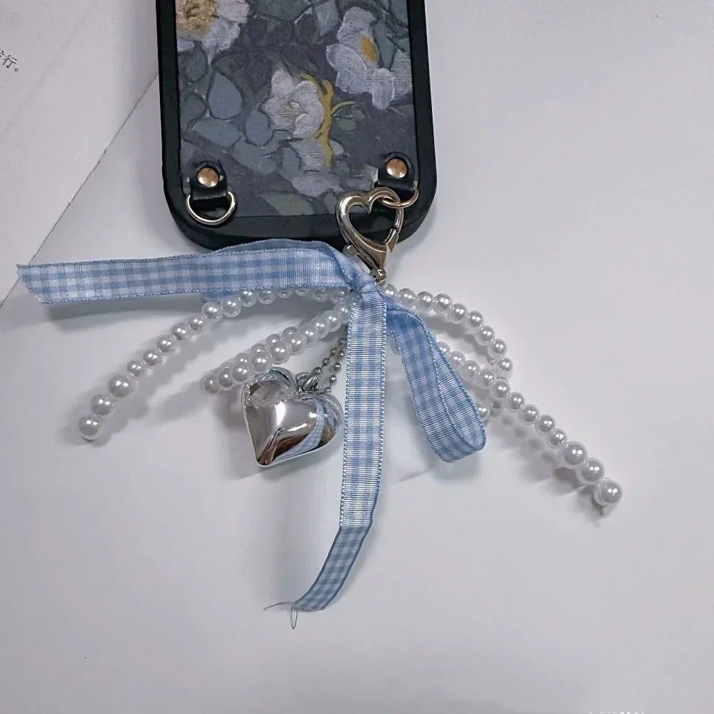 Blue Pink Lattice Ribbon Keychains Bowknot Pearls Heart Bag Pendant Elegant Beaded Keyring Y2k Sweet Korea Jewelry Accessories