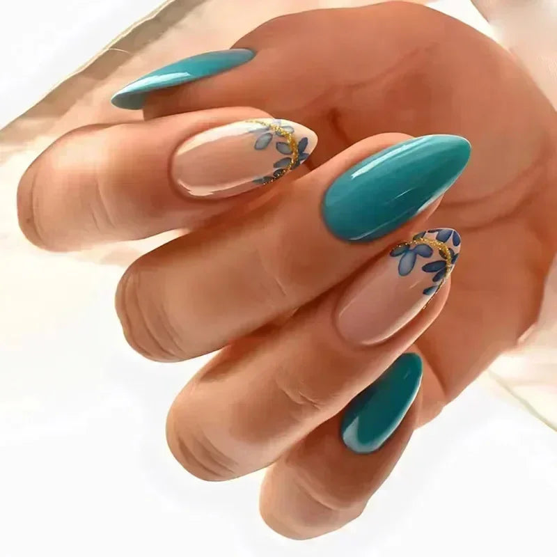 24pcs winter fall leaves brown black false nails with almond French artificial nails with glue short stiletto fake press on nail