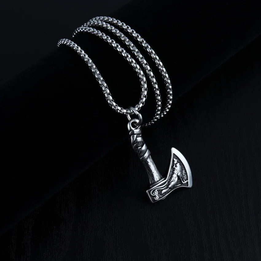 Punk Style men's Necklace With Viking Axe Pendant Silver Color Vintage Wolf Pattern Hip Hop Rock Jewelry Neck Accessories Gifts