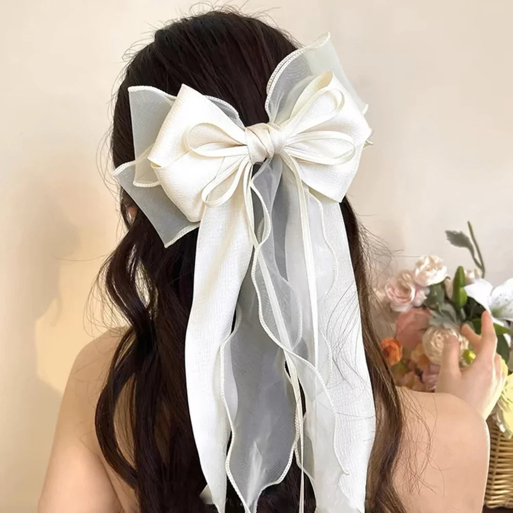 Chiffon Bow Hair Clips Girls Sweet Blue Shining Satin Bowknot Hair Clips Ribbon Bow Barrette Hairpin Grip Ponytail Clip 머리핀