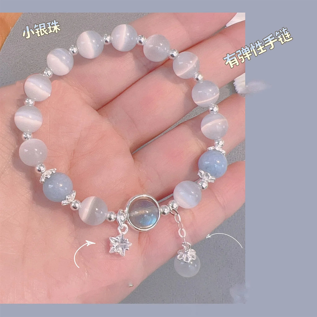 White Moonlight Stone Crystal Bracelet for Women Girls Luxury Imitation Opal Beaded Elastic Charm Bracelet Jewelry Gifts