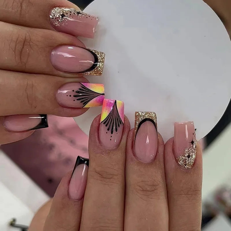 24Pcs Long Coffin Press on Nail Autumn Winter False Nails Glitter Diamond Stick on Nails French Ombre Full Cover Ballet Nail Art