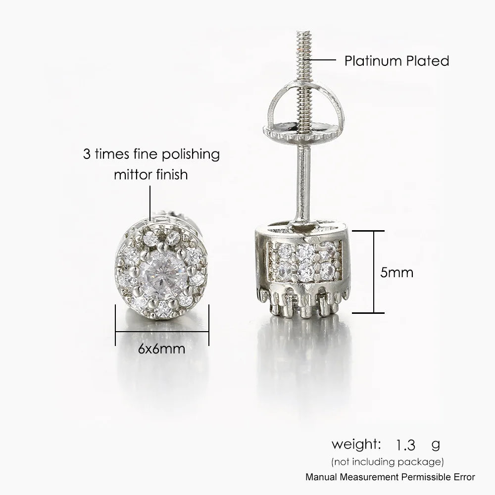 Hippie Iced Out Studs Earrings For Men Punk Silver Color Round Cubic Zirconia Earings Shiny Gold Color Jewelry Gift Male OHE174