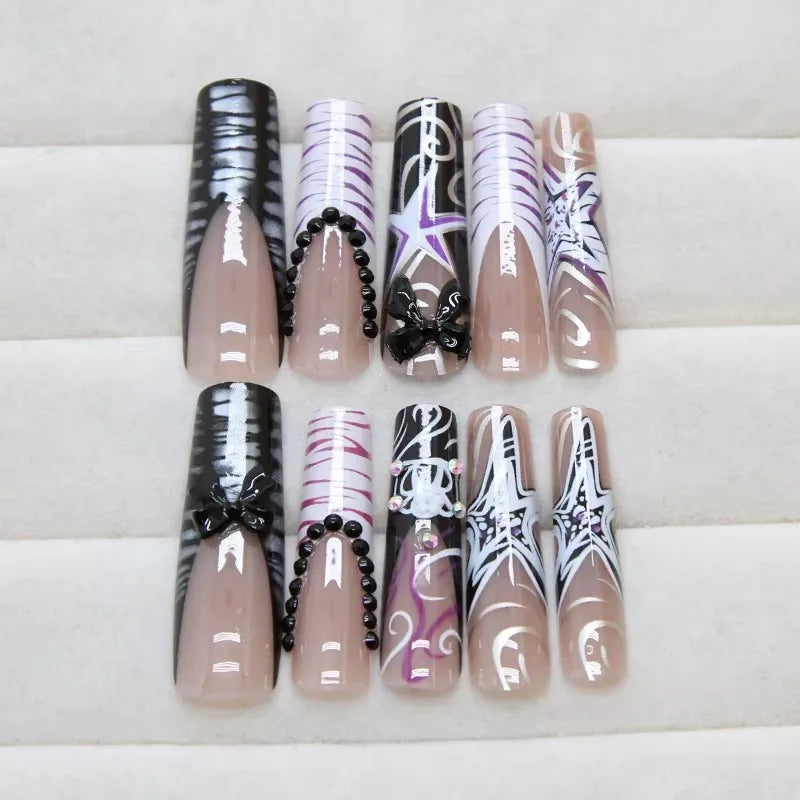24Pcs Sweet Cool Spice Girl Press on Nails Black French Bow False Nails Y2k Star Glitter Diamond Nail Long Square Gel Fake Nails