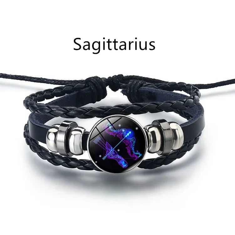 Gemini Leo Libra Scorpio Sagittarius 12 Constellation Luminous Bracelet Leather Bracelet Zodiac Charm Jewelry Bracelet for Men