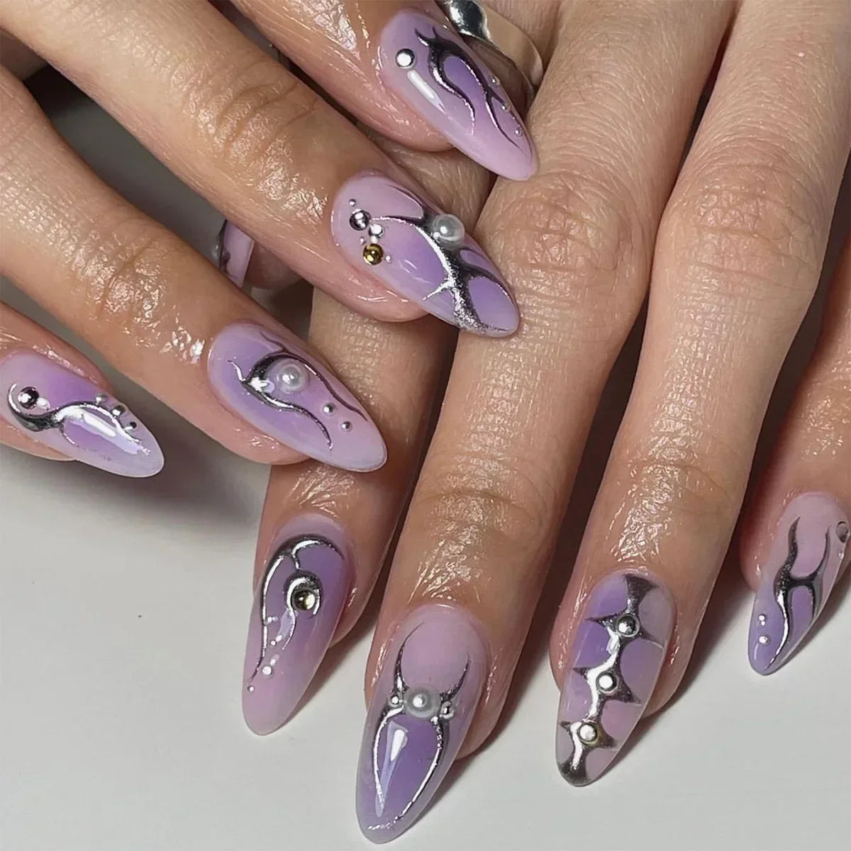 24pc Sweet Cool Hot Girl False Nail with glue Wearable black y2k pink diamond fake nails with designs press on nails Art Almond
