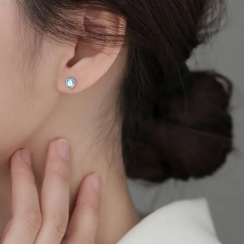 Mini Moonstone Small Round Stud Earrings for Women Simple Design Luxury Aurora Personality Exquisite Girls Charm Jewelry Gift