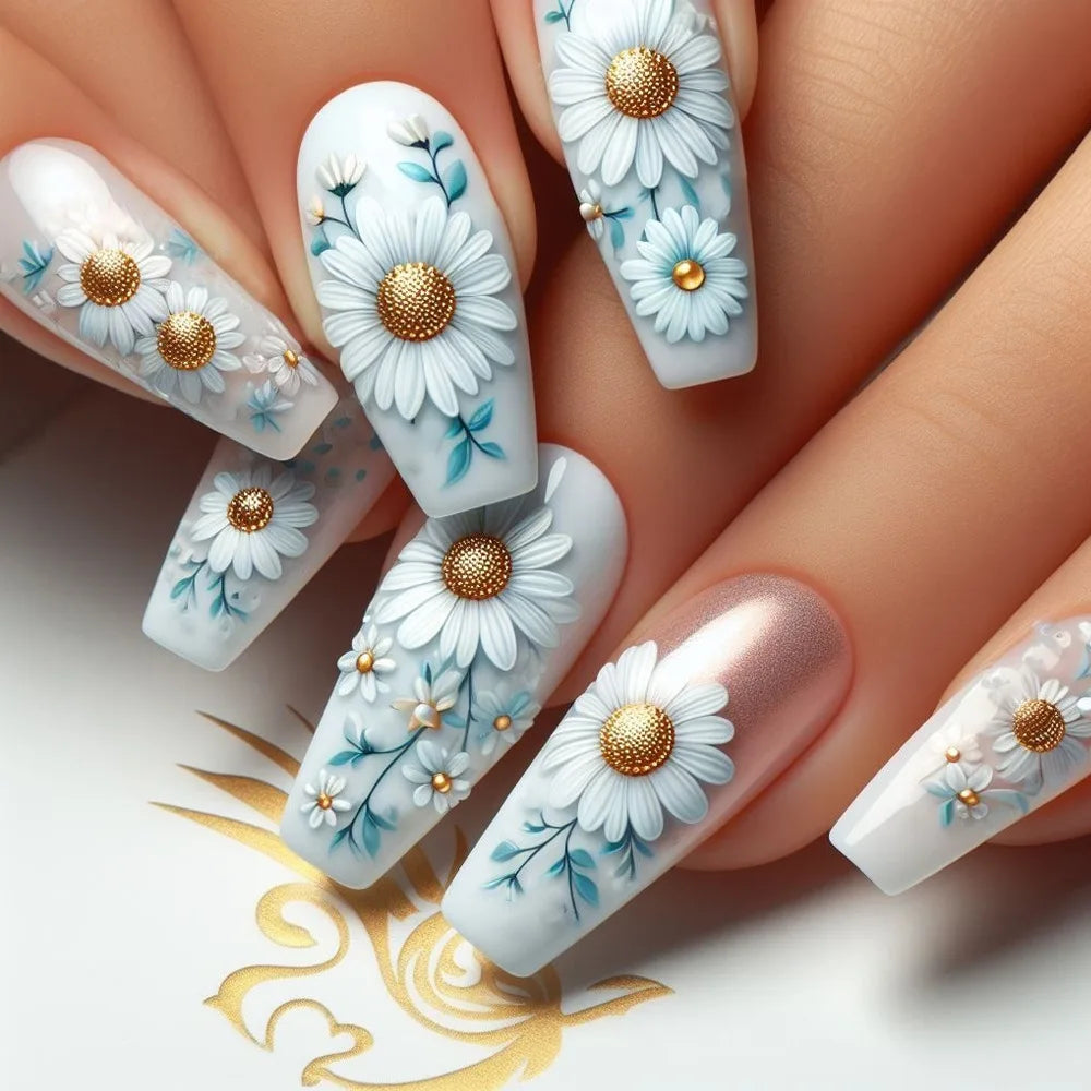 24Pcs Sweet Cool Coffin Fake Nails Butterfly Flower Acrylic Nail Glitter Glossy False Nail Full Cover Autumn Press on Nails Tips