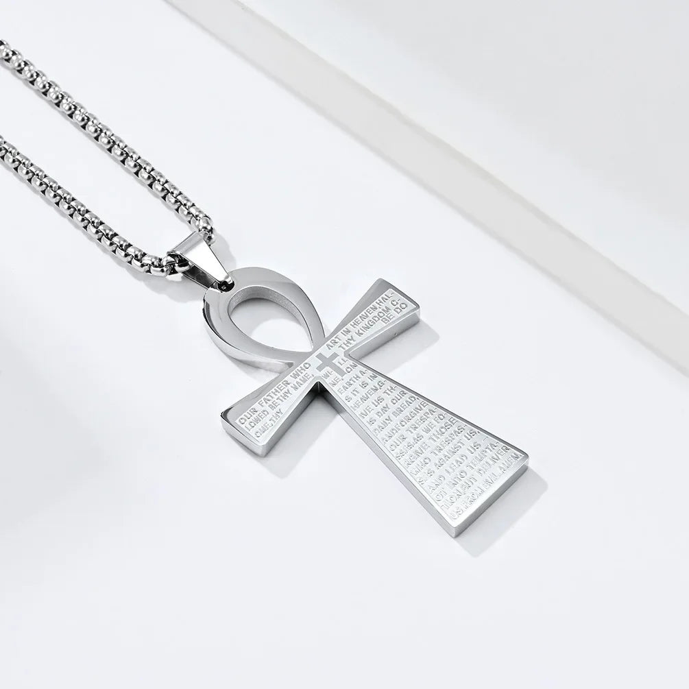 Catholic Jesus Cross Stainless Steel Pendant Necklace for Men Women Vintage Christian Prayer Jewelry