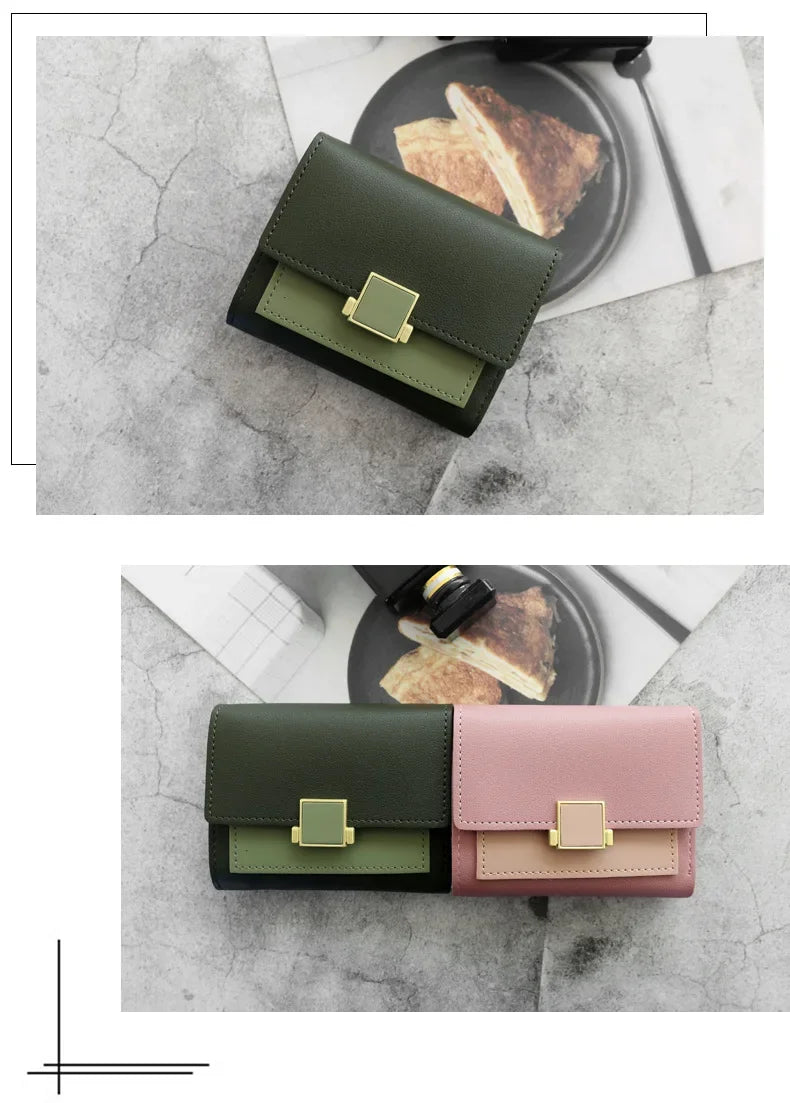 Patchwork Short Women's Wallet Fashion Square Clutch Money Credit Multiple Card Holders Metal Buckle Tri-Fold Ladies Coin Purse