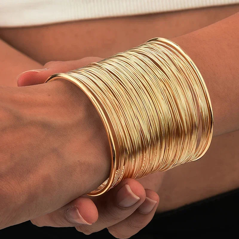 Fashion Women's Multilayer Metal Wires Strings Open Bangle Wide Cuff Bracelet Statement Jewelry Indian Luxury