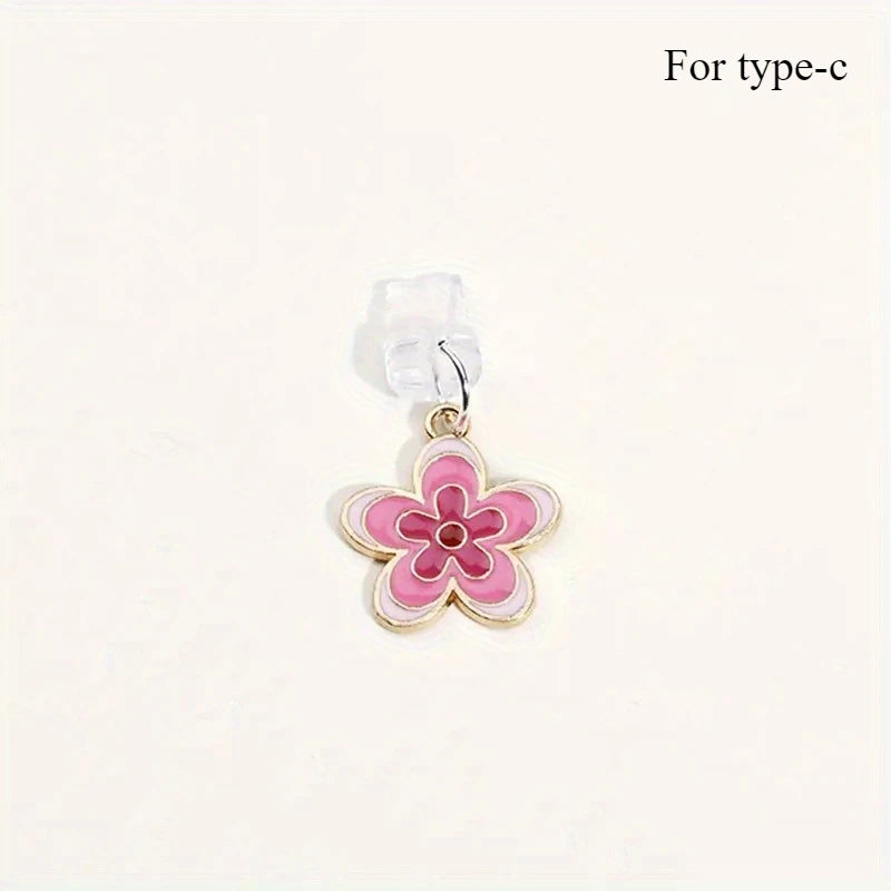Pink flowers Phone Charging Port Anti-Dust Plug For Apple iPhone Samsung USB Type C Android Port Protector Lossproof Dustplugs