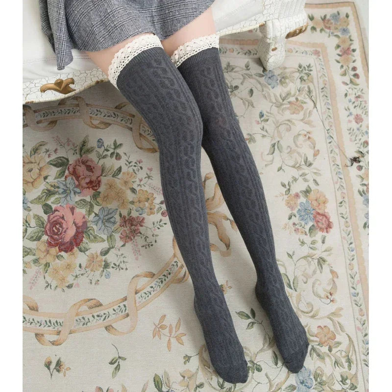 Sexy Medias Lace Up Long Knee Socks Women Over Knee Thigh High Stockings Fashion Ladies Girls Warm Sexy Blend Tights Black White