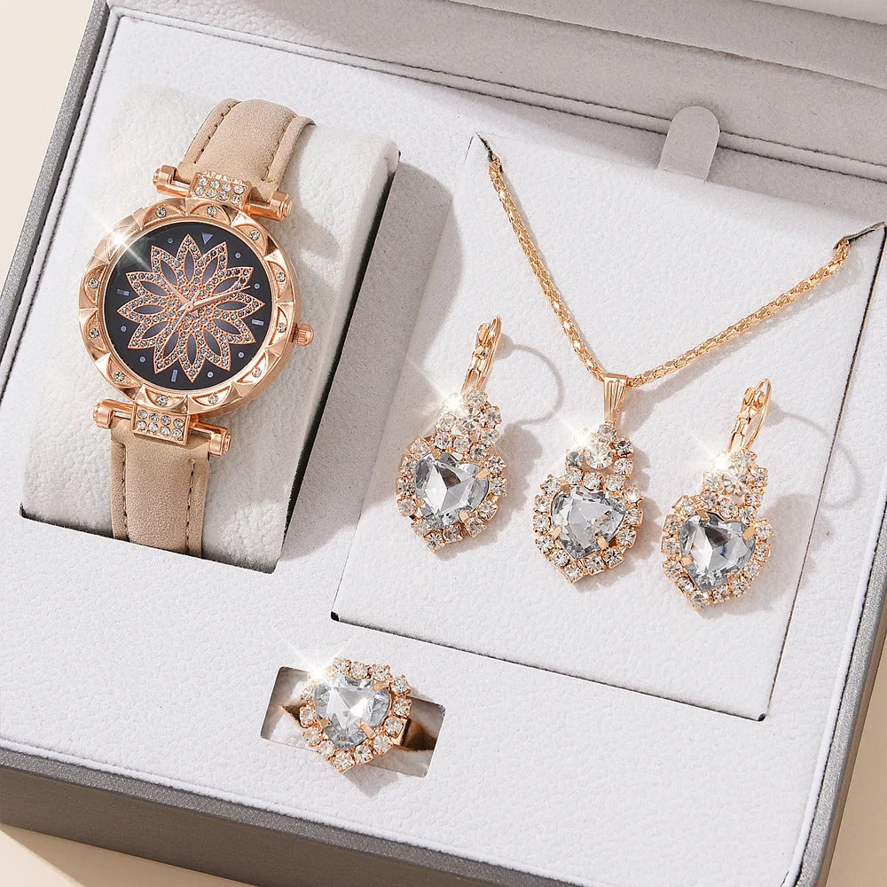 Ladies Watch 5pcs Set Watches for Women Leather Band Simple Casual Women's Analog WristWatch Bracelet Gift Montre Femme (No Box)
