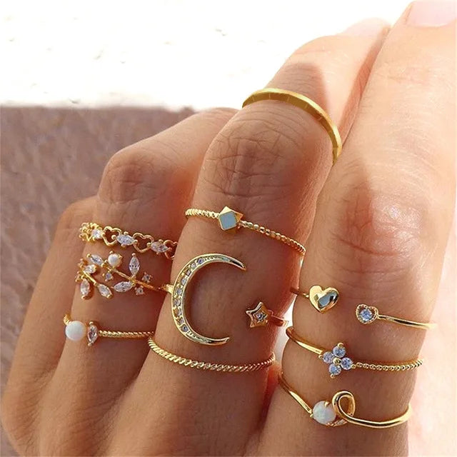 Vintage Korean Gold Silver Color Pearl Rings Set Jewelry For  Girls Butterfly Hollow Heart  Ring For Women Accessories