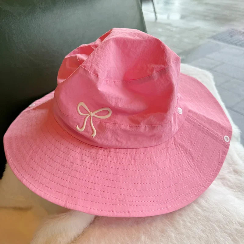 Fashion Bow Embroidery Quick Dry Bucket Hat Summer Hiking Camping Caps Wide Brim Fordable Sunscreen Y2K Hats Girl Women