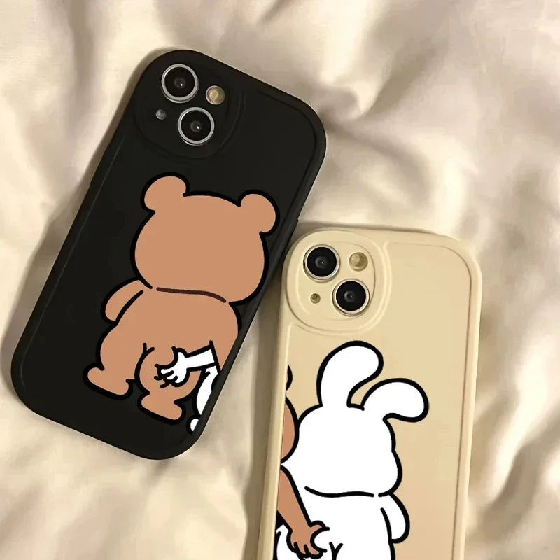 Funny Cartoon pinch butt bear rabbit Couple Phone Case for IPhone 14 13 12 15 11 Pro Max Mini 7 8 Plus SE X XR XS Max Soft Cover