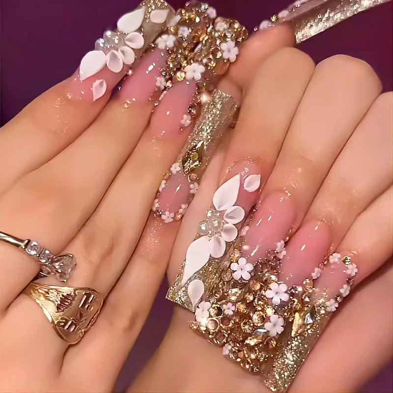 24Pcs Sweet Cool Spice Girl Press on Nails Black French Bow False Nails Y2k Star Glitter Diamond Nail Long Square Gel Fake Nails